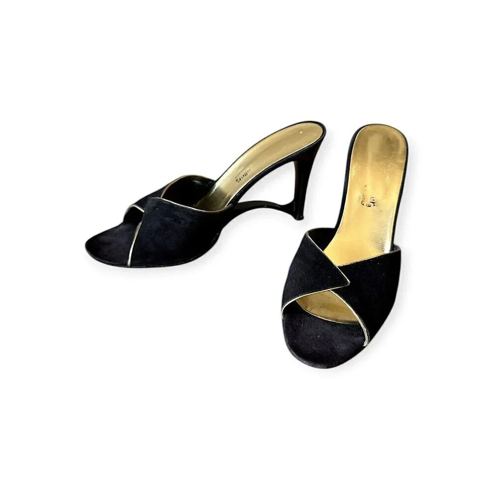 Andrew Geller Black Suede Gold‎ Trim Cutout Wededge Sandals, Vintage,